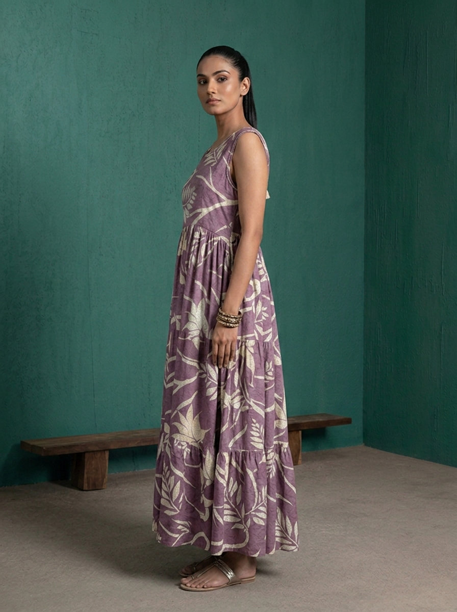 Lavender Rayon Tropical Leaf Printed Dress