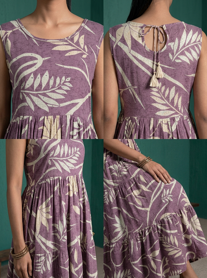 Lavender Rayon Tropical Leaf Printed Dress