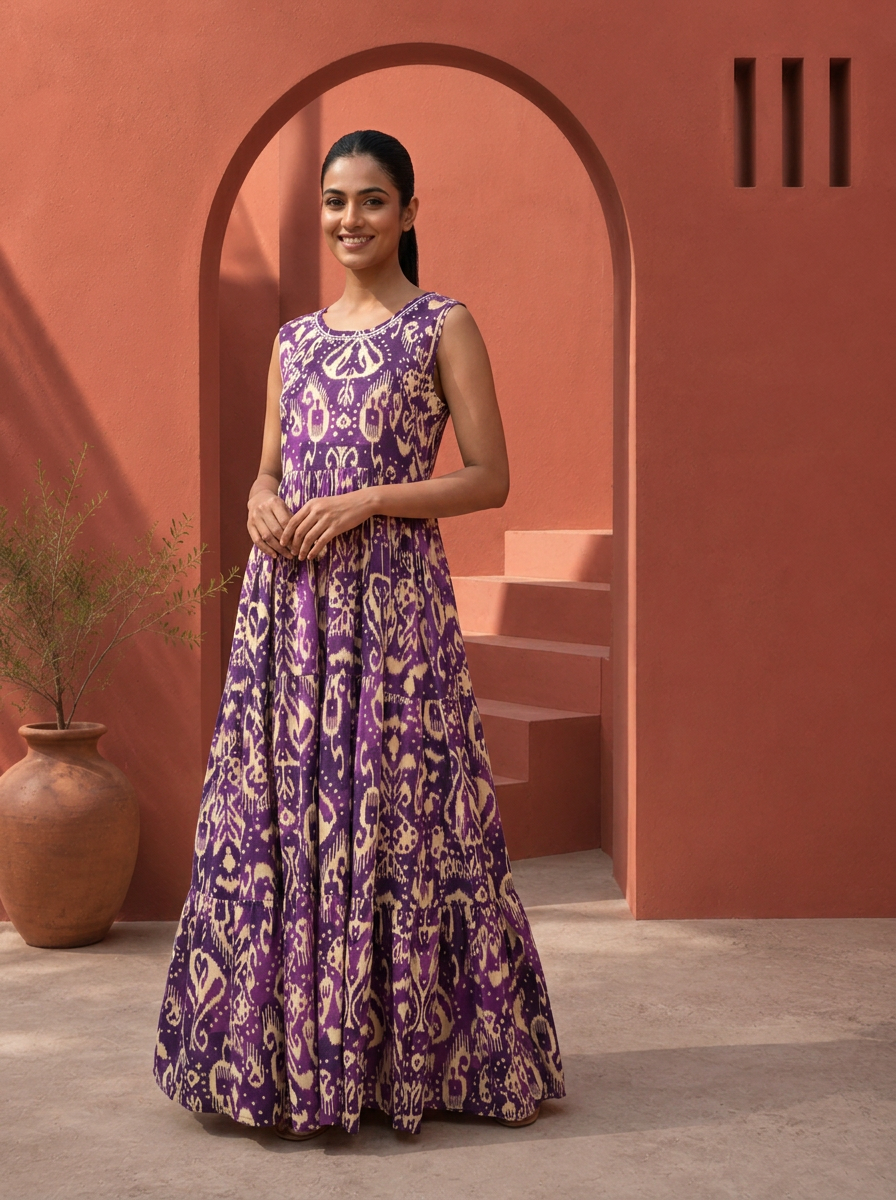 Purple Rayon Ikat Digital Printed Dress