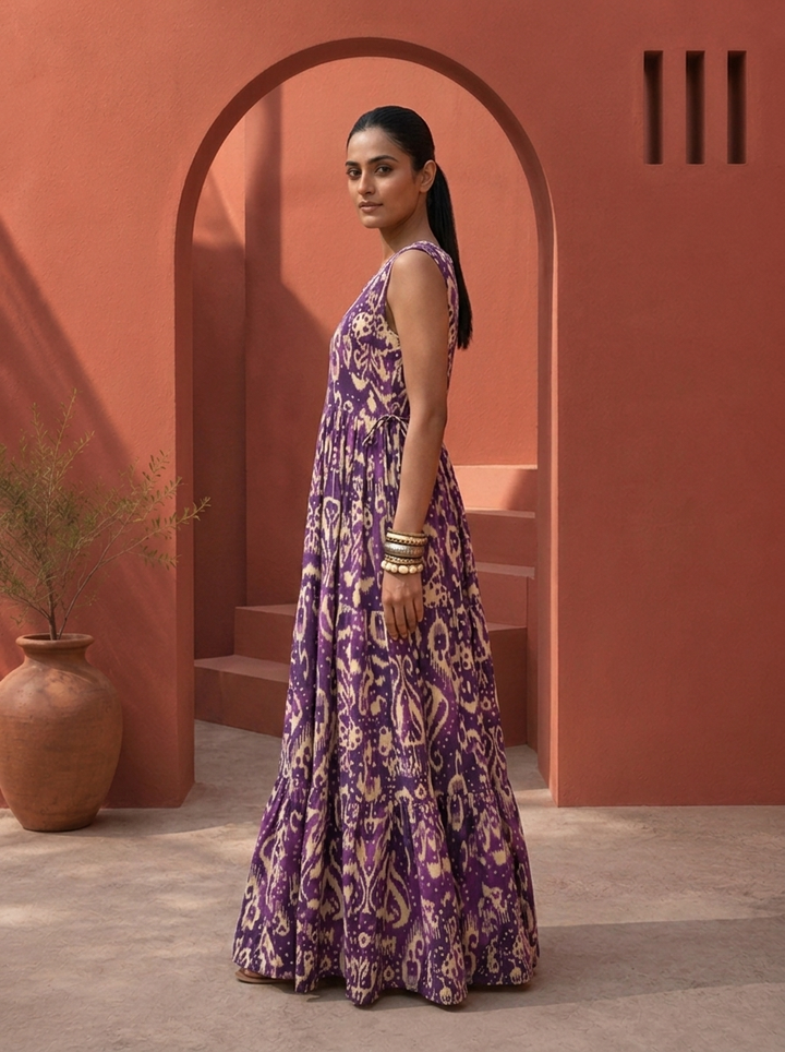 Purple Rayon Ikat Digital Printed Dress