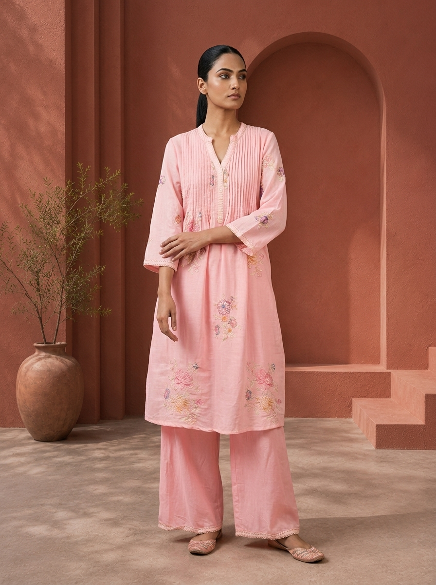 Peach Cotton Floral Thread Embroidered Two Piece Set