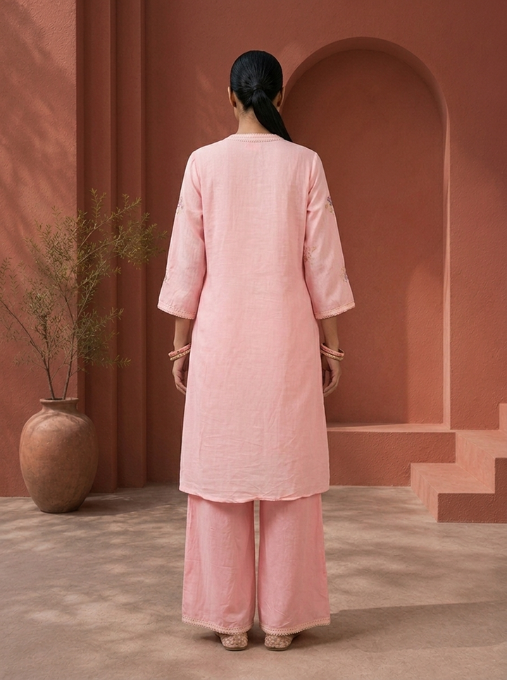 Peach Cotton Floral Thread Embroidered Two Piece Set