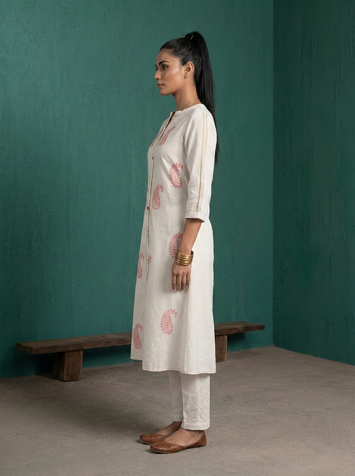 White Rayon Paisley Block Printed Kurta