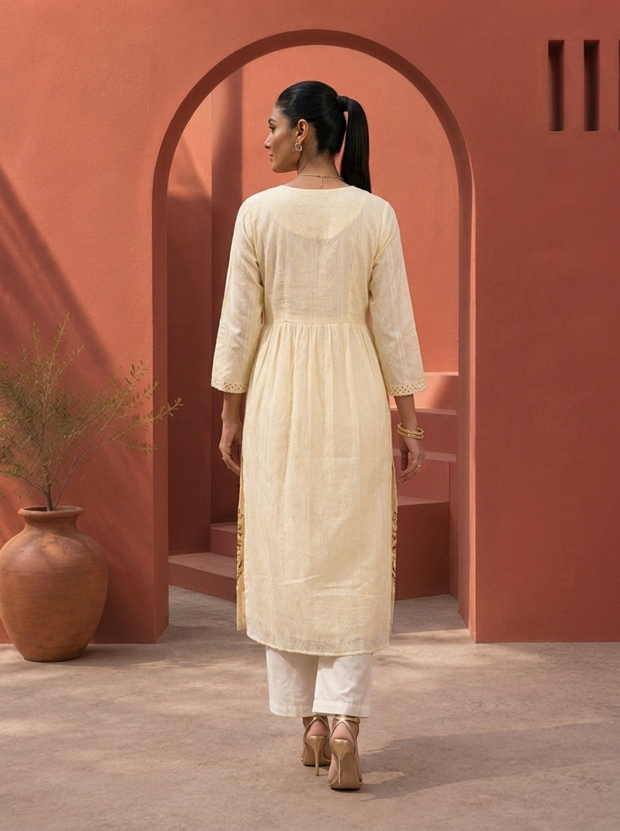 Cream Cotton Resham Floral Embroidered Kurta