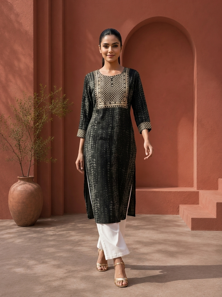 Black Rayon Shibori Printed Kurta