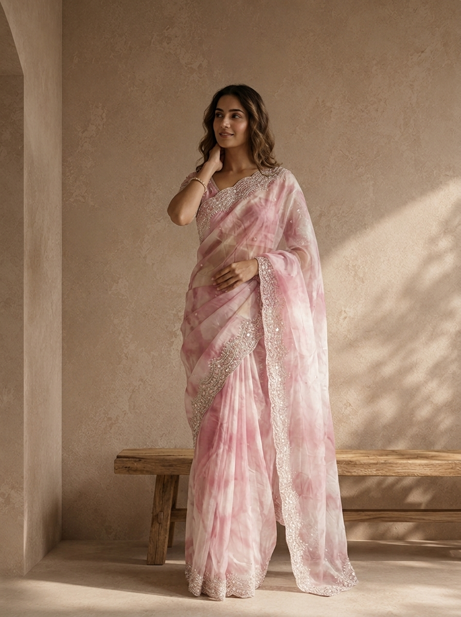 Onion Organza Tie-Dye Saree With Heavy Scallop Stone And Mirror Border