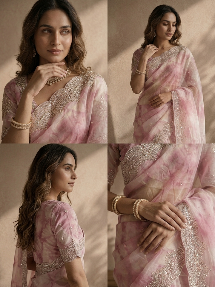 Onion Organza Tie-Dye Saree With Heavy Scallop Stone And Mirror Border