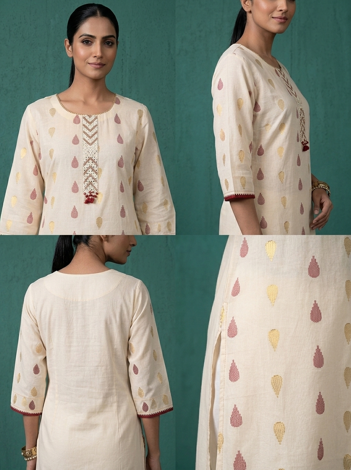 Cream Rayon Foil Buti Print Embroidered Kurta
