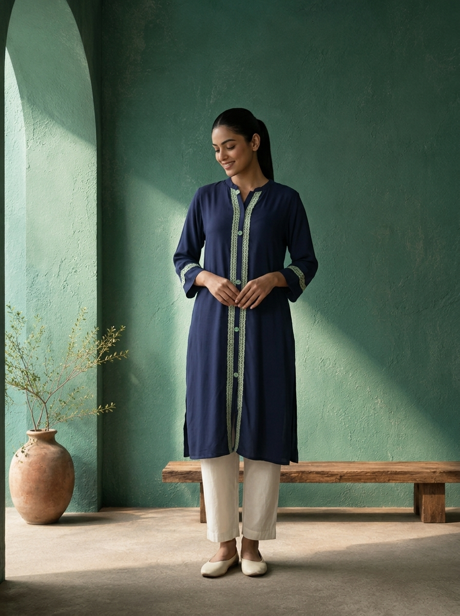 Navy Blue Rayon Solid With Crochet Lace Trim Kurta