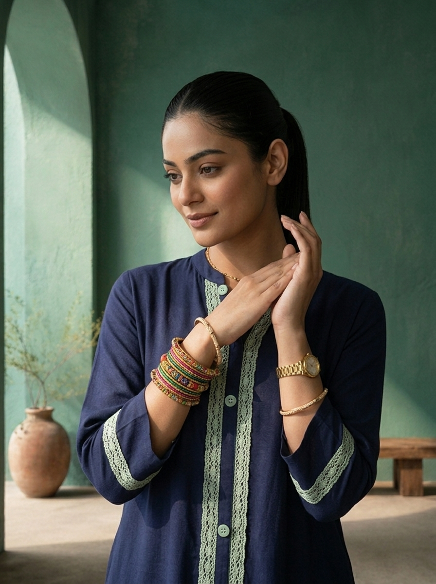 Navy Blue Rayon Solid With Crochet Lace Trim Kurta