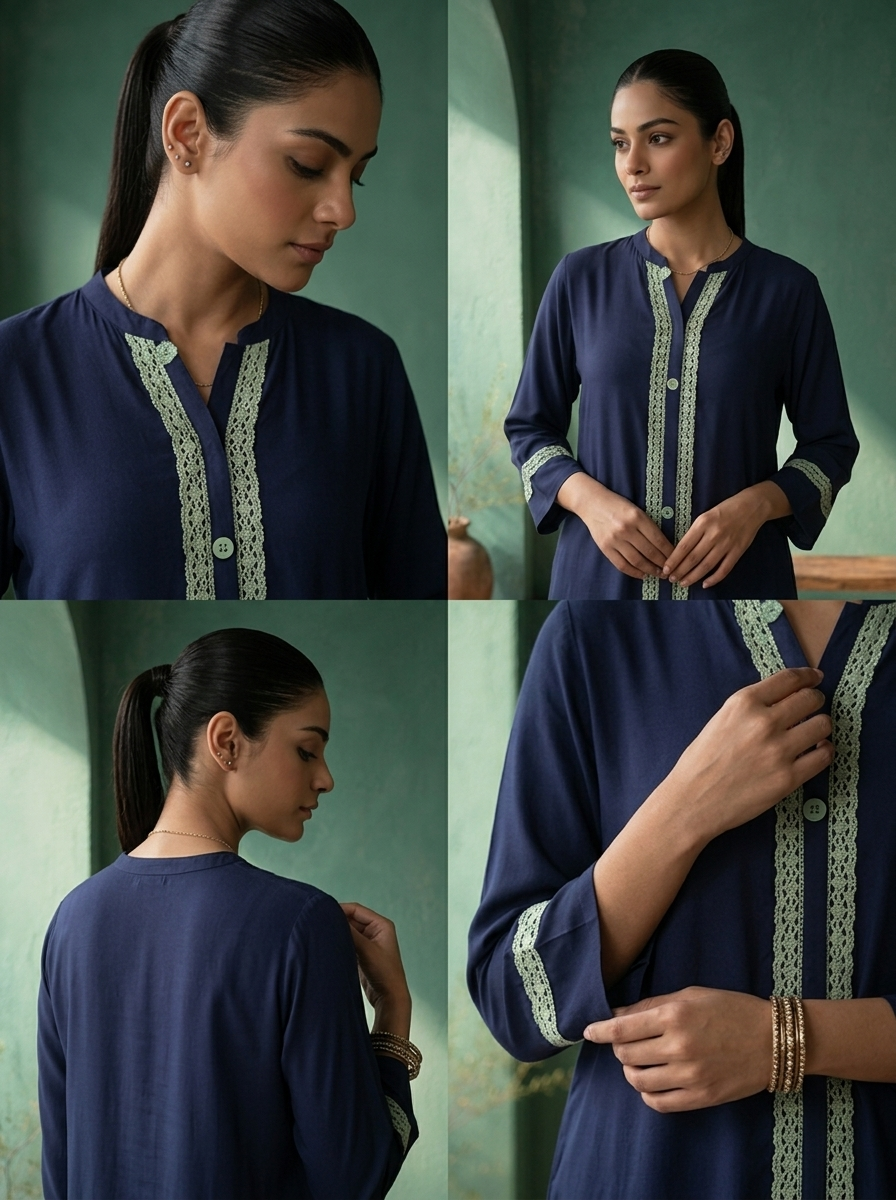 Navy Blue Rayon Solid With Crochet Lace Trim Kurta