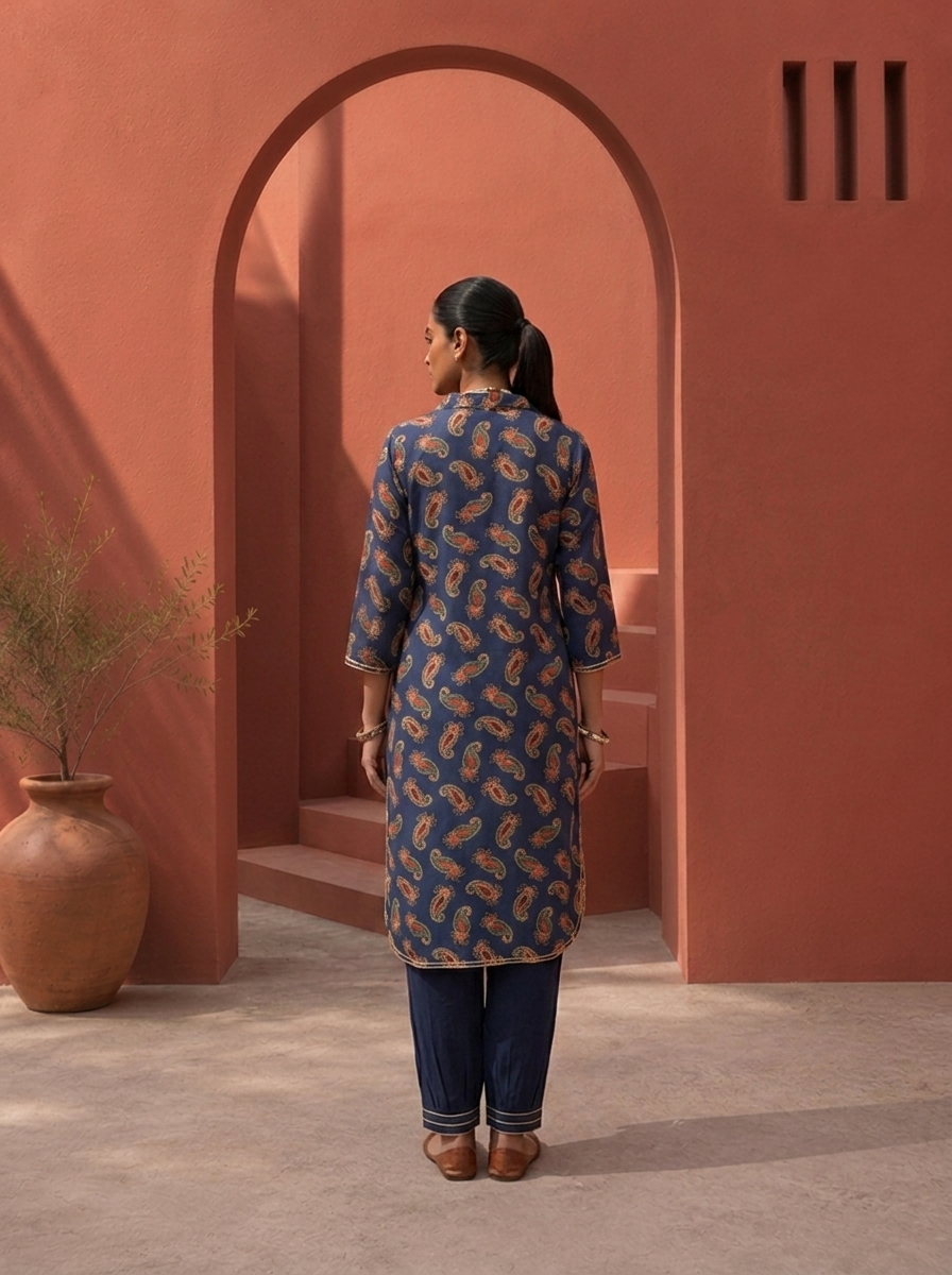 Navy Blue Rayon Paisley Printed Two Piece Set