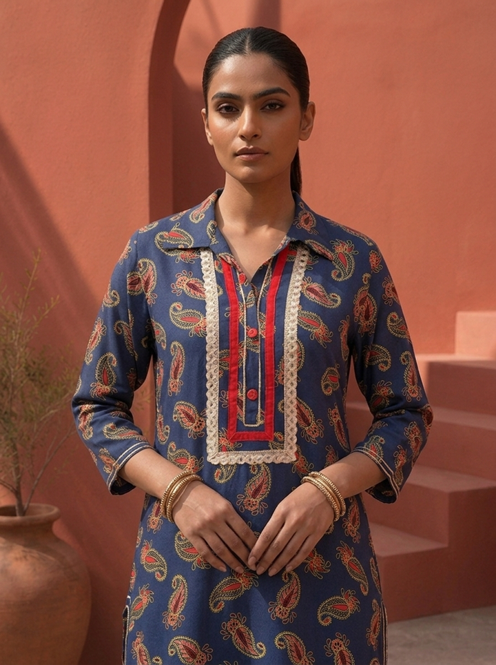 Navy Blue Rayon Paisley Printed Two Piece Set
