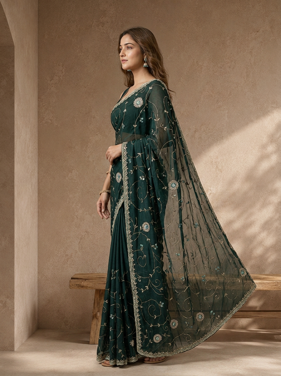 Bottle Green Organza Jaali Vine Embroidered Saree
