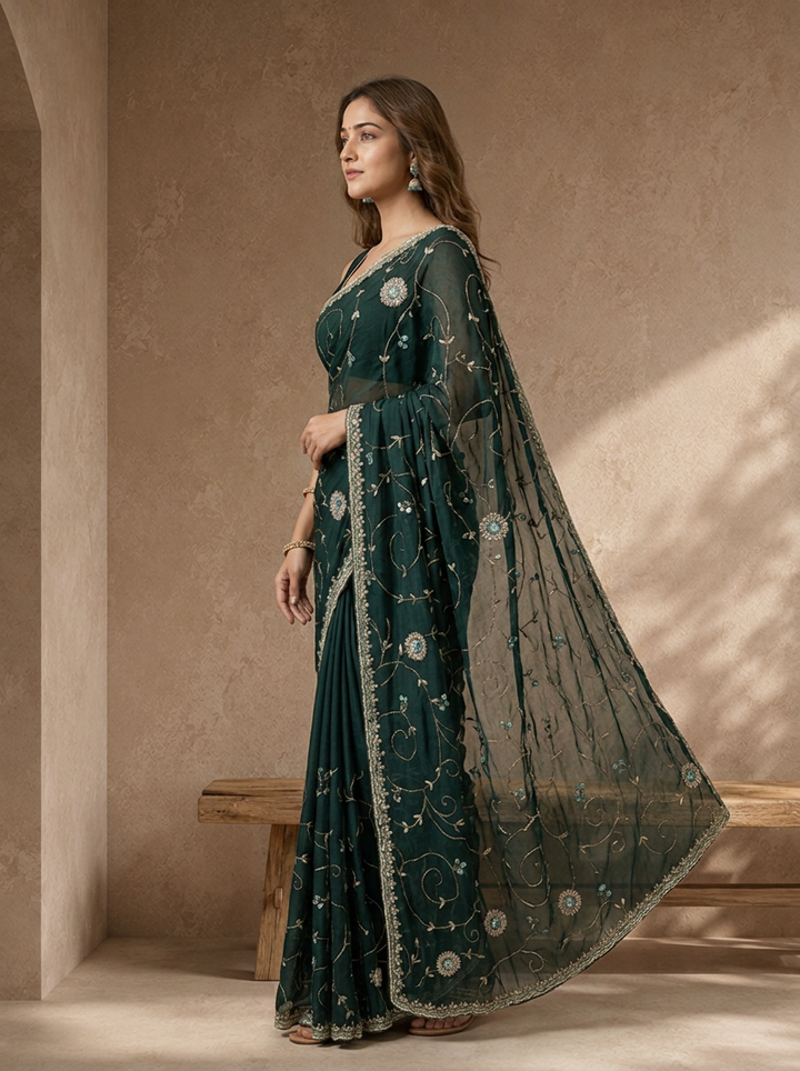 Bottle Green Organza Jaali Vine Embroidered Saree