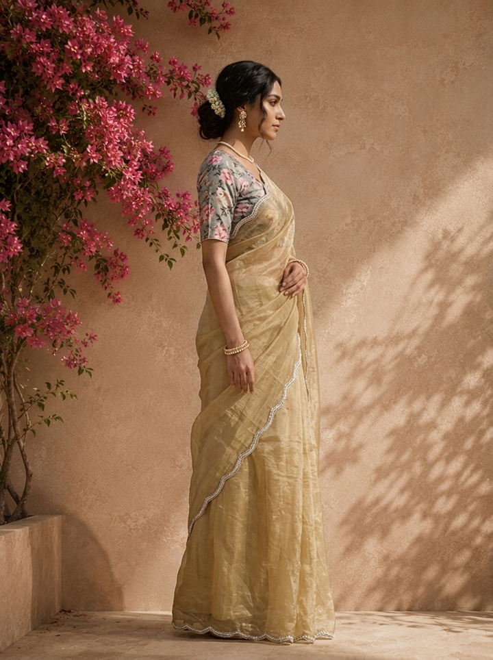 Gold Organza Embroidered Saree With Scallop Gota Border