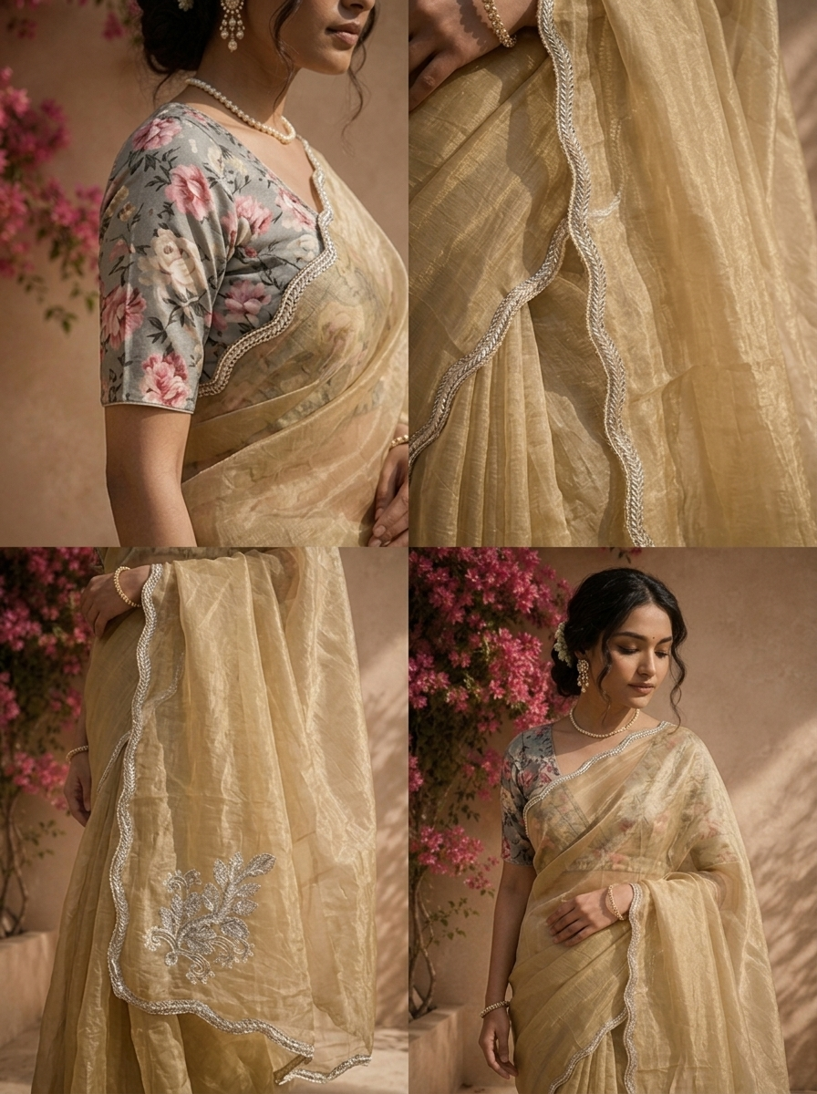 Gold Organza Embroidered Saree With Scallop Gota Border