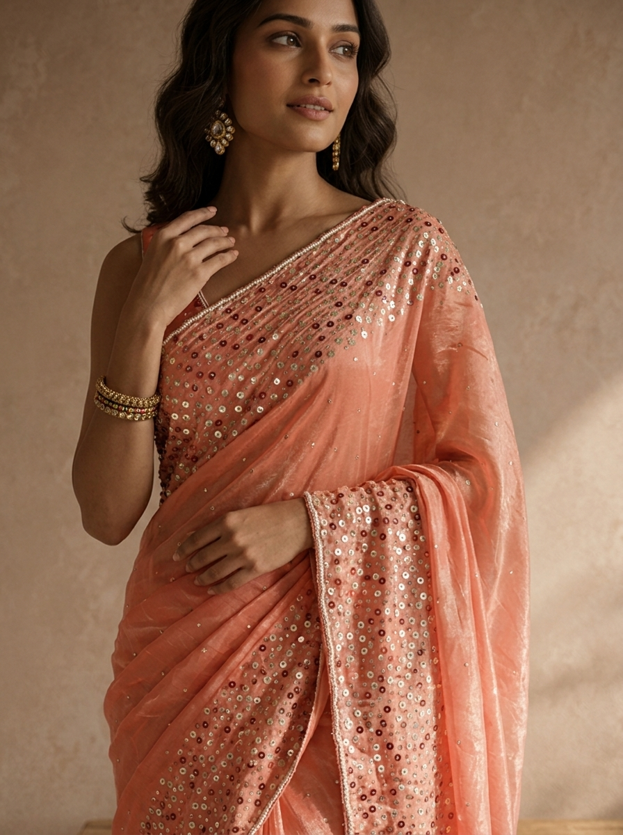 Peach Organza Sequin Embroidered Saree