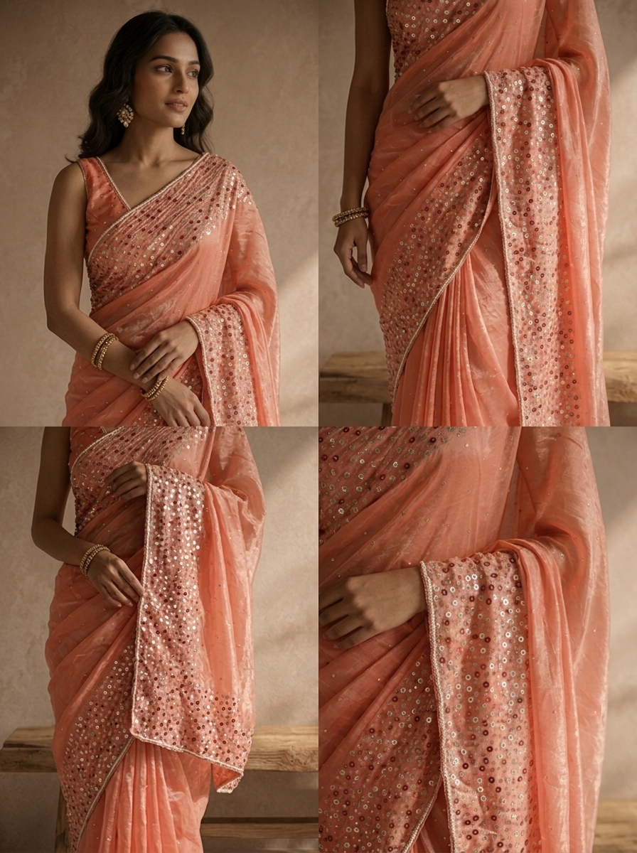 Peach Organza Sequin Embroidered Saree