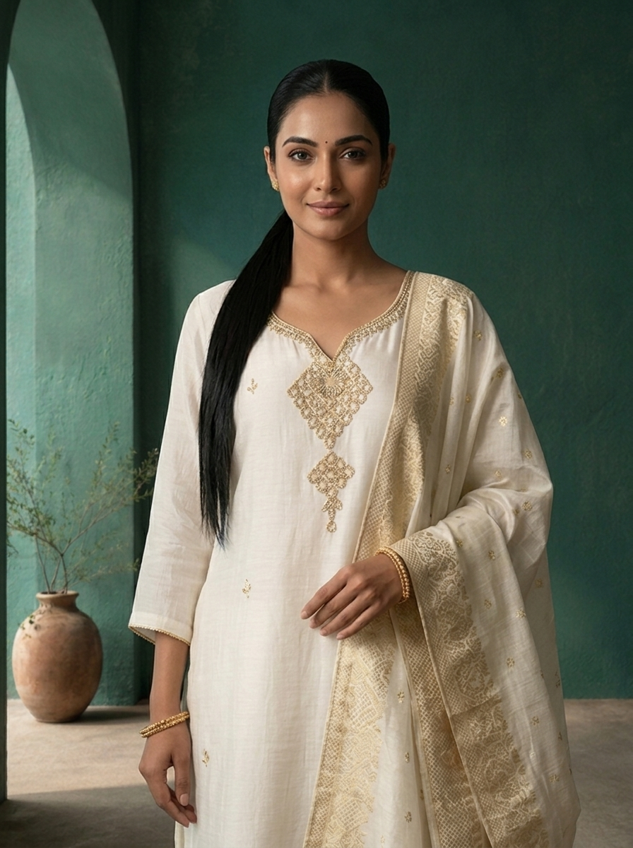 Cream Muslin Heavy Double Pendant Embroidered Three Piece Set