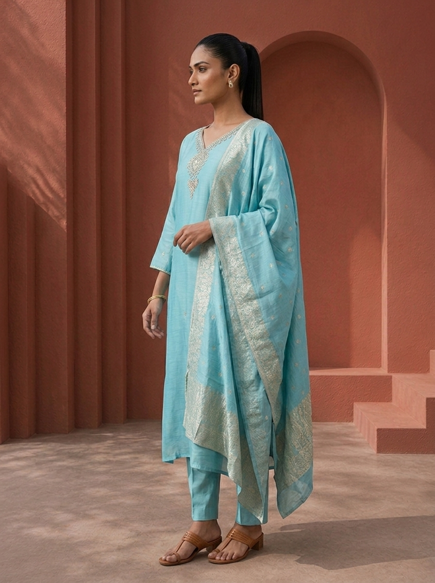 Sky Blue Muslin Heavy Stone And Zari Embroidered Three Piece Set