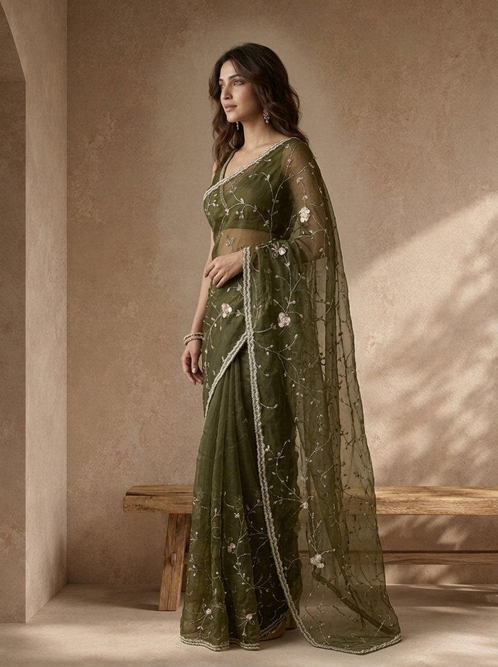Mehadi Green Organza Bead Embroidered Saree