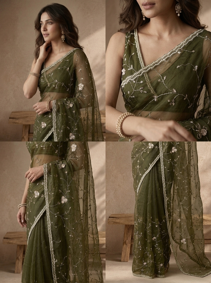Mehadi Green Organza Bead Embroidered Saree