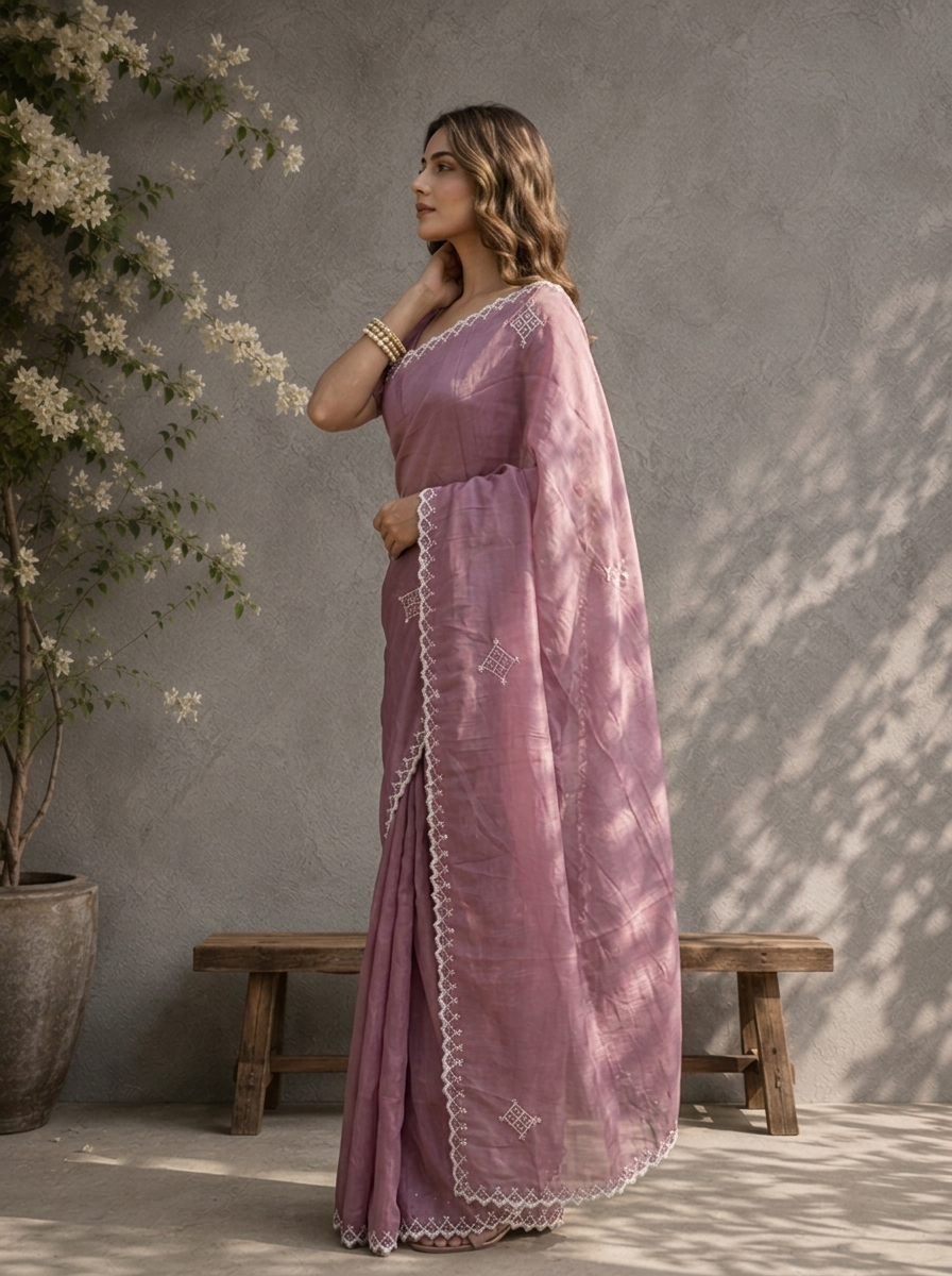 Purple Organza Geometric Thread Embroidered Saree