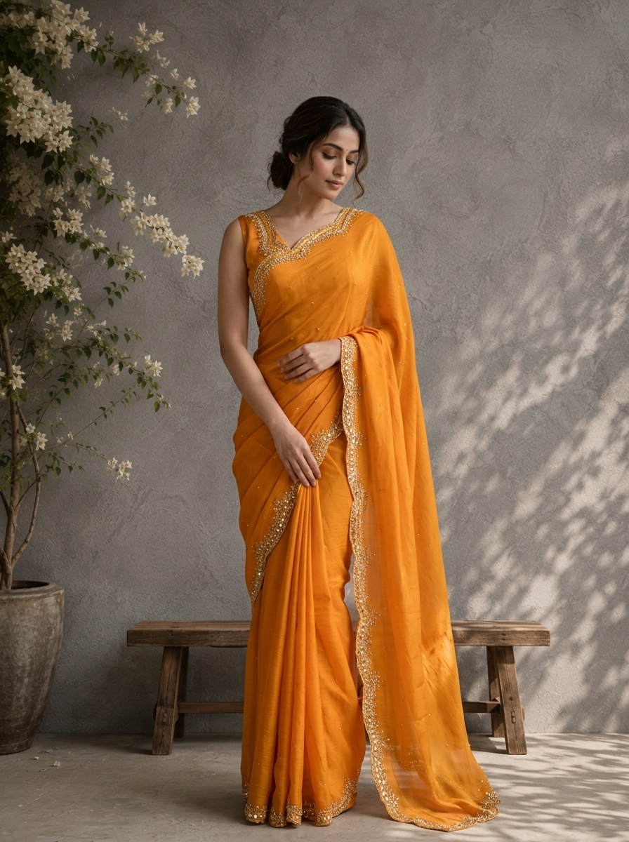 Mustard Organza Scattered Stone Butis Embroidered Saree