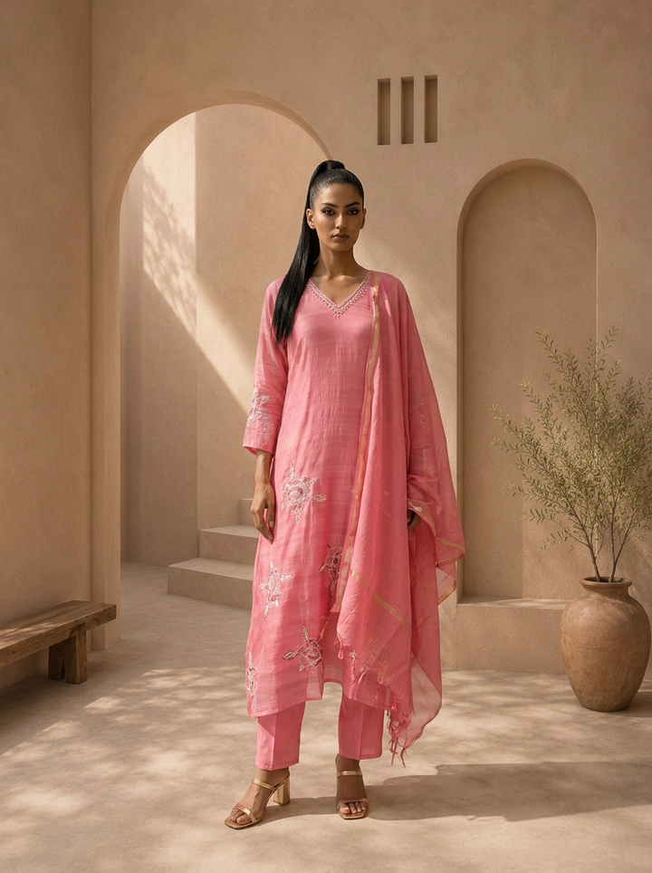 Pink Silk Floral Motif Embroidered Three Piece Set