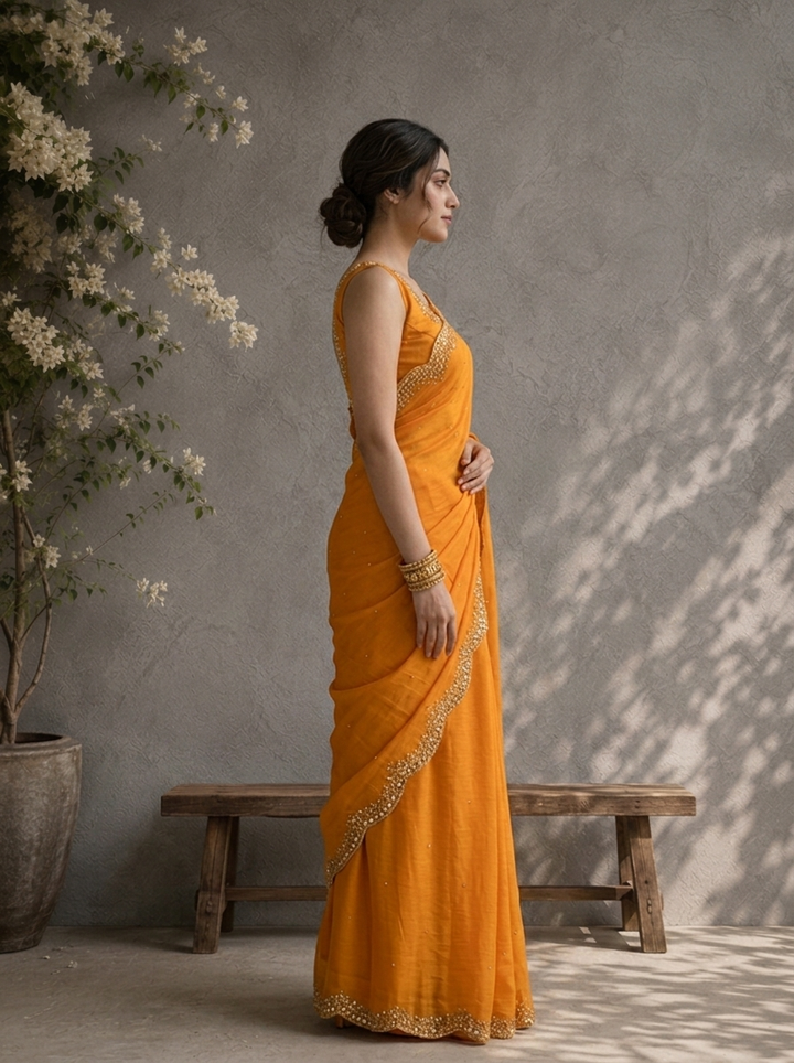 Mustard Organza Scattered Stone Butis Embroidered Saree