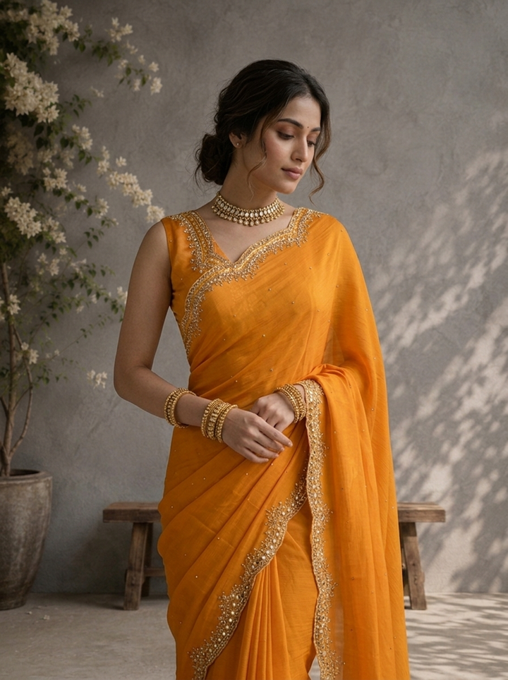 Mustard Organza Scattered Stone Butis Embroidered Saree