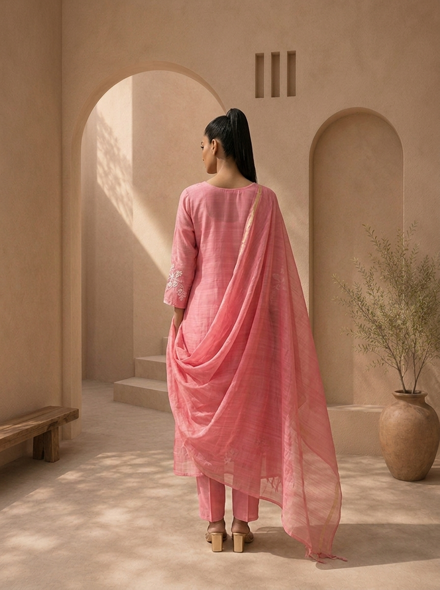 Pink Silk Floral Motif Embroidered Three Piece Set