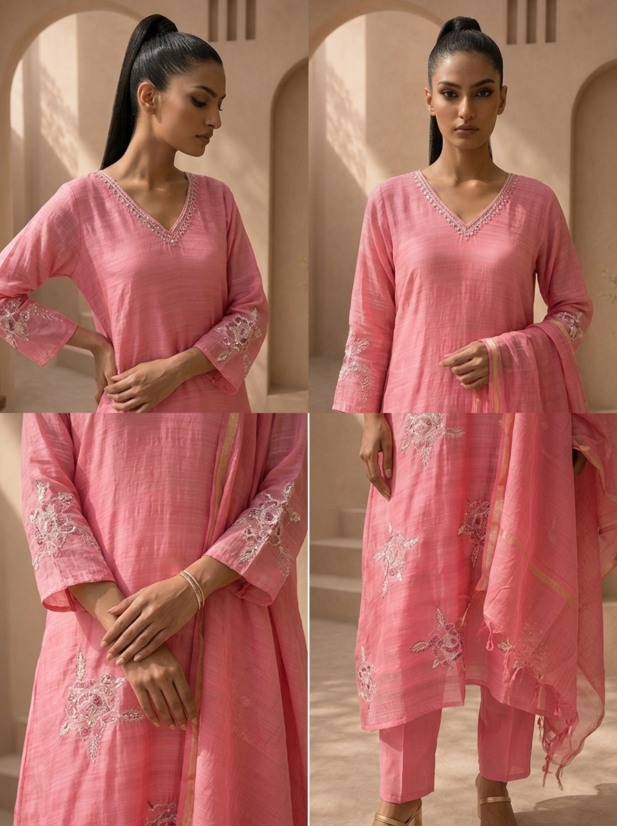 Pink Silk Floral Motif Embroidered Three Piece Set