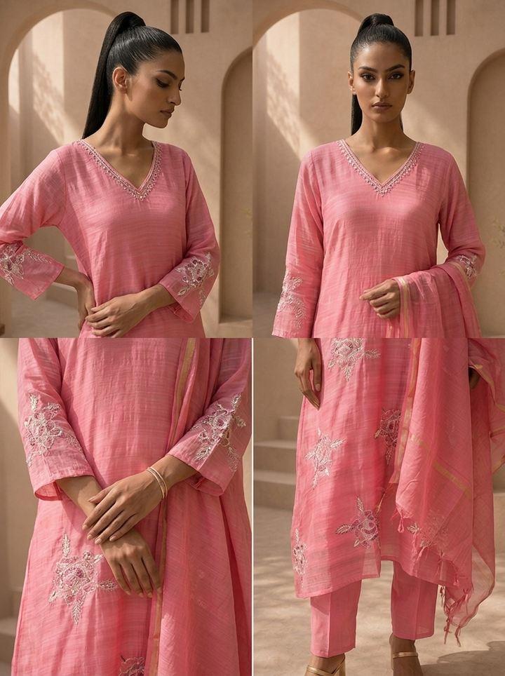 Pink Silk Floral Motif Embroidered Three Piece Set