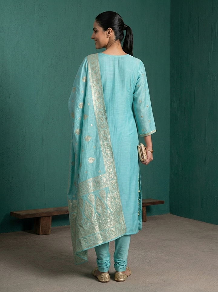 Sky Blue Muslin Zardozi Stone Embroidered Three Piece Set