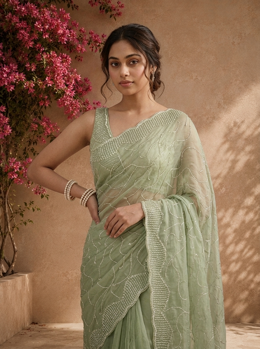 Pista Green Organza Embroidered Saree With Cutdana Jaal And Scallop Sequin Border