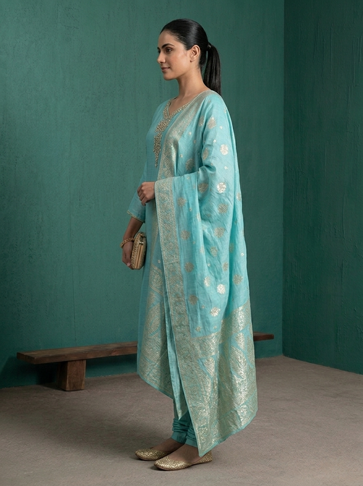 Sky Blue Muslin Zardozi Stone Embroidered Three Piece Set