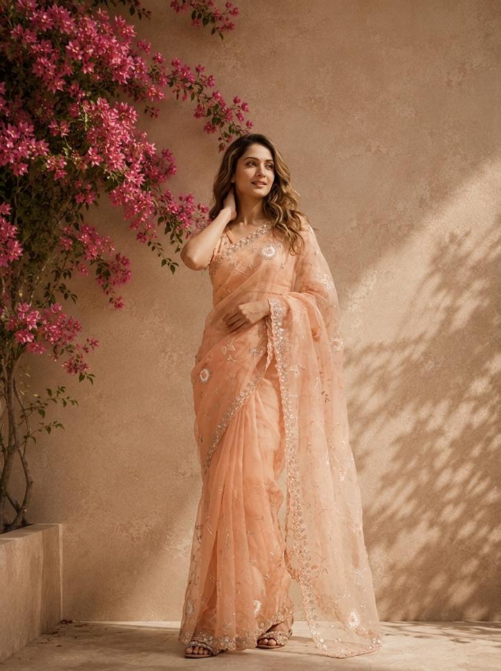 Peach Organza Mirror And Stone Embroidered Saree With Embellished Border