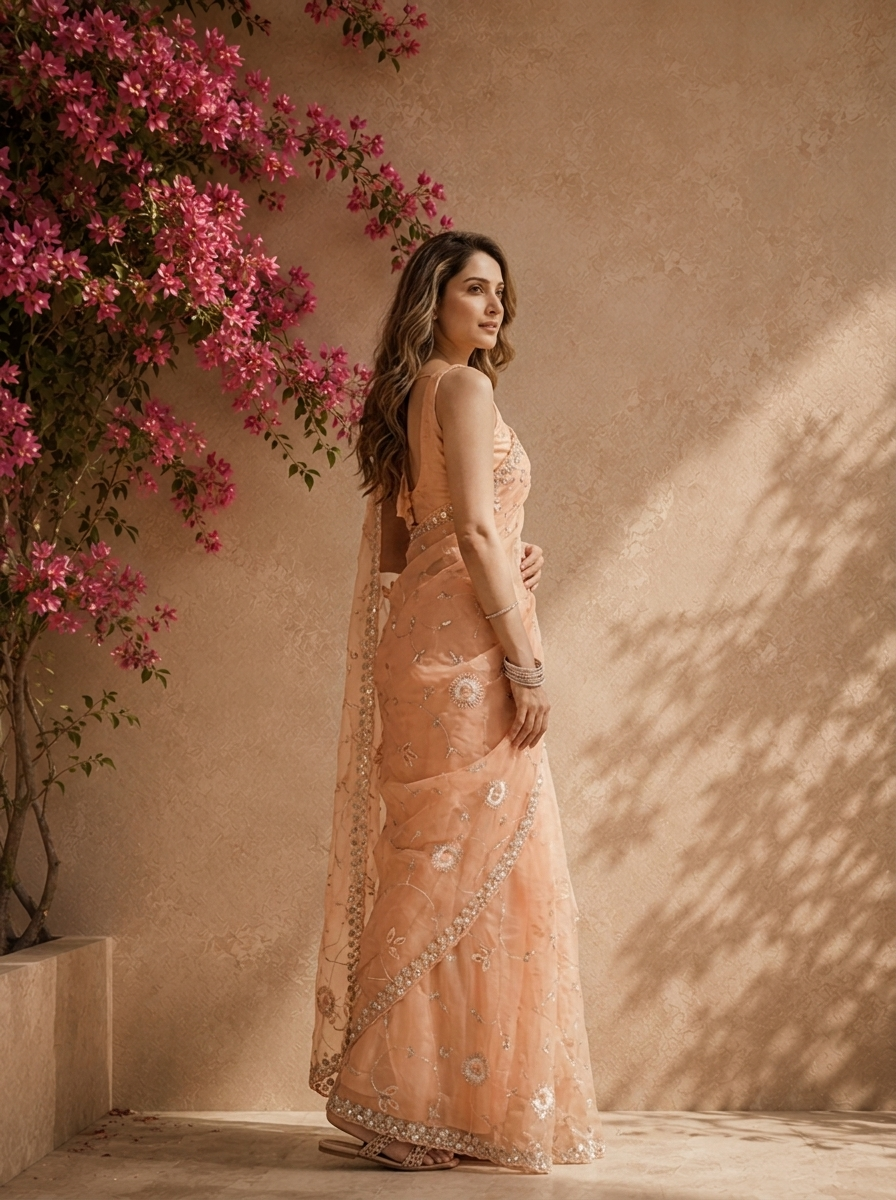 Peach Organza Mirror And Stone Embroidered Saree With Embellished Border