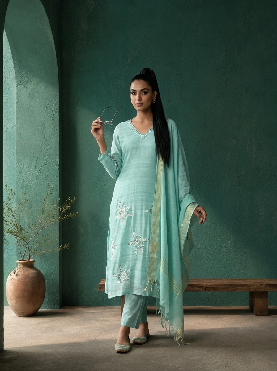Sea Green Silk Floral Motif Embroidered Three Piece Set