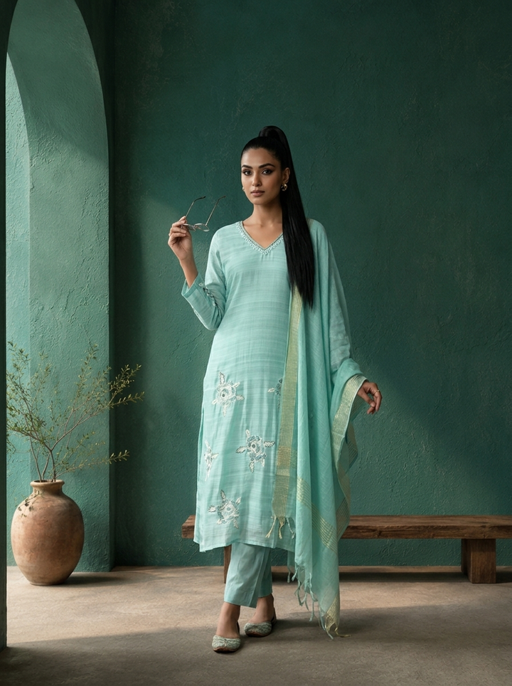 Sea Green Silk Floral Motif Embroidered Three Piece Set