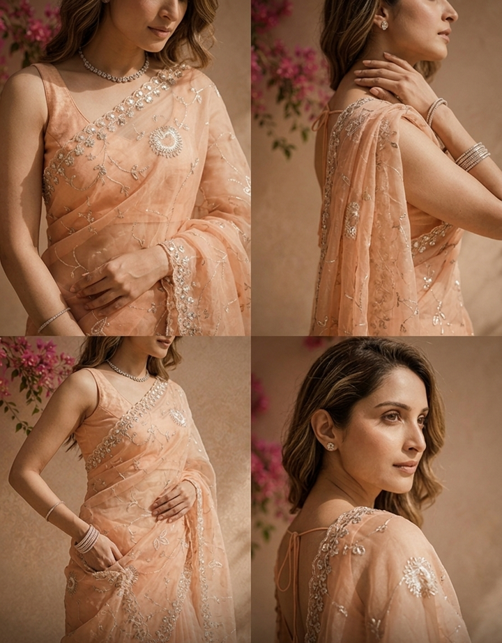 Peach Organza Mirror And Stone Embroidered Saree With Embellished Border