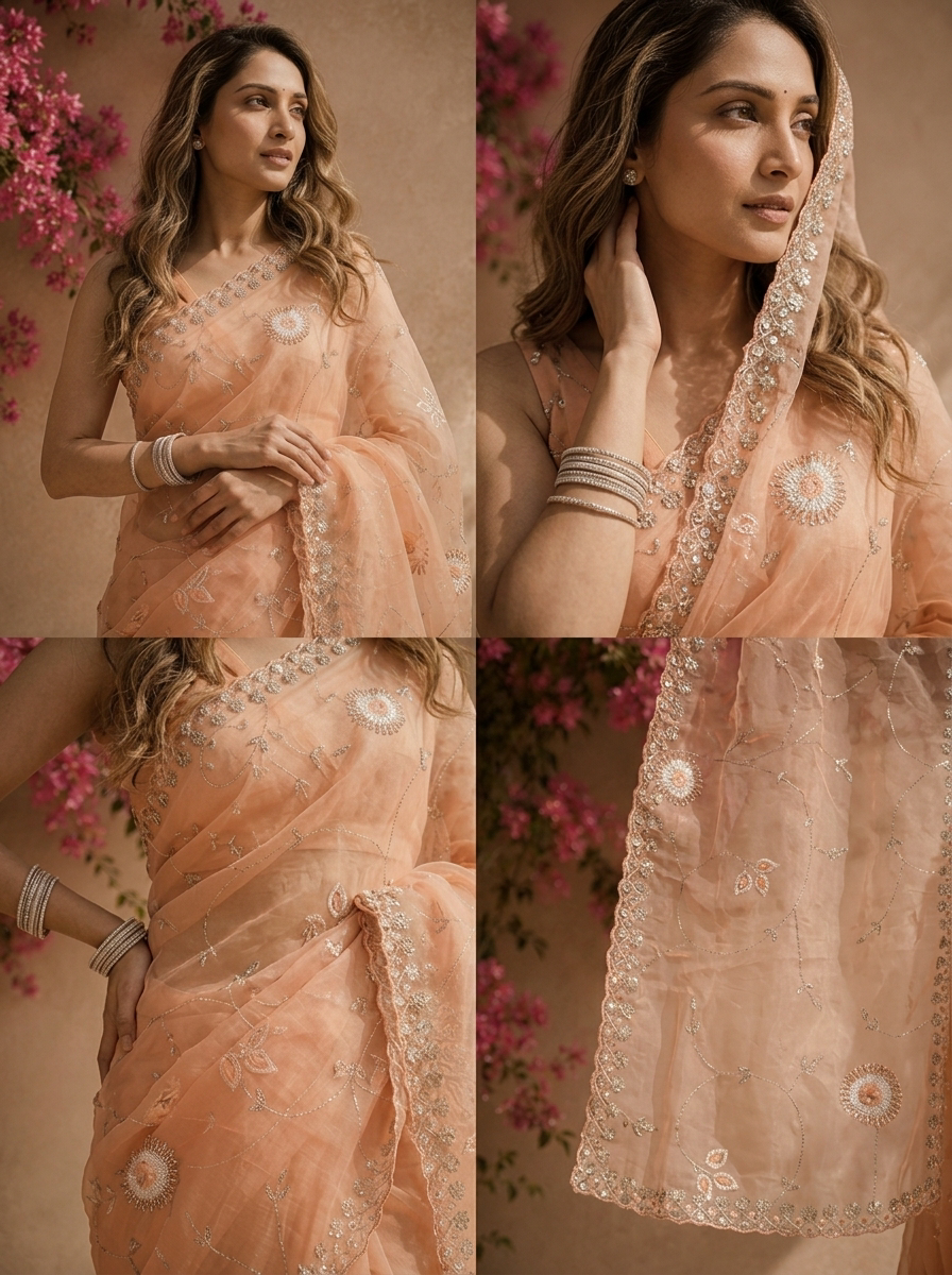 Peach Organza Mirror And Stone Embroidered Saree With Embellished Border