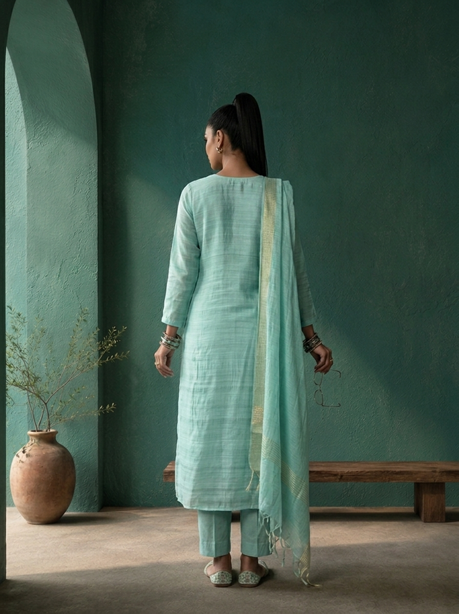 Sea Green Silk Floral Motif Embroidered Three Piece Set