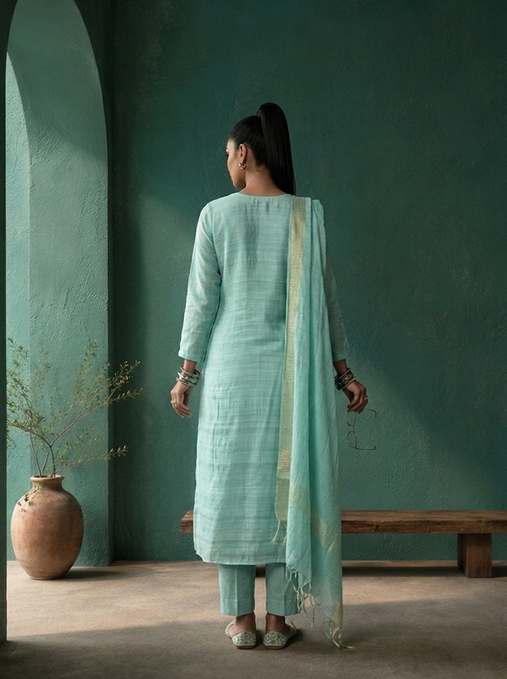 Sea Green Silk Floral Motif Embroidered Three Piece Set