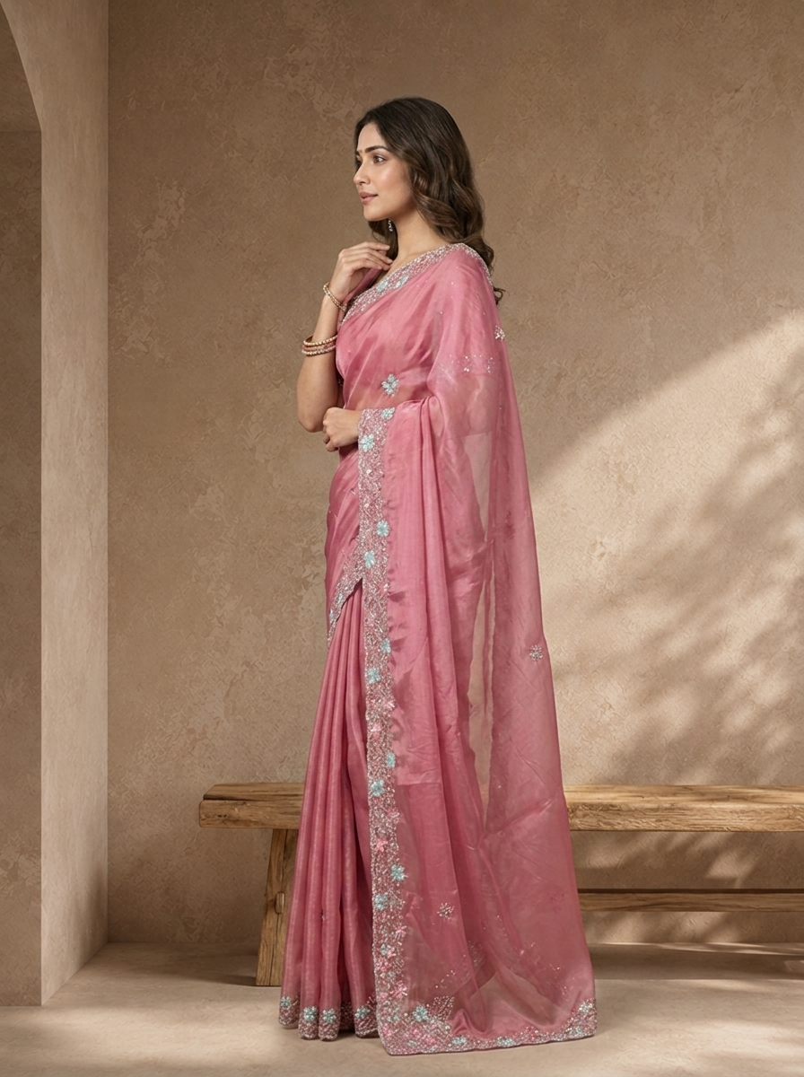 Onion Pink Organza Solid Saree With Floral Zari And Sequin Border