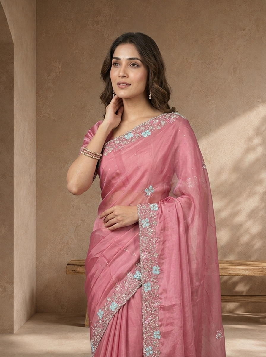 Onion Pink Organza Solid Saree With Floral Zari And Sequin Border