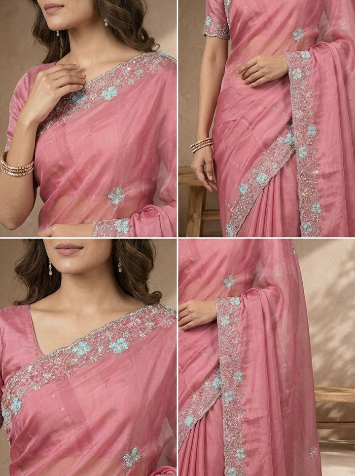 Onion Pink Organza Solid Saree With Floral Zari And Sequin Border