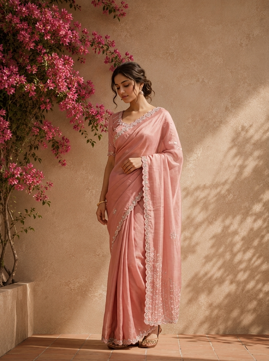 Onion Organza Scattered Stone Embroidered Saree With Scallop Border